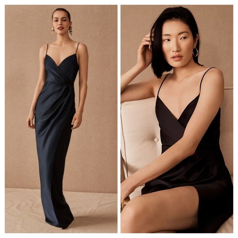 Anthropologie BHLDN Freya •4• Satin Charmeuse Black Dress Gown Ruched Side Slit